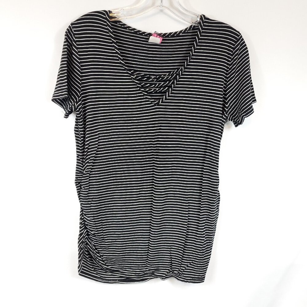 Pinc Maternity Womens Black White Stripe Shrt Slv V Neck Blouse Sz X Large
